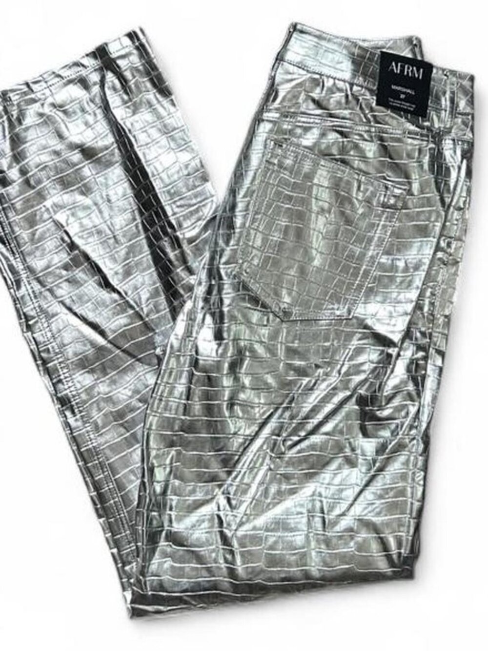 NWT AFRM Marshall High Rise Loose Straight Leg Pants, Metallic Silver Croc Faux